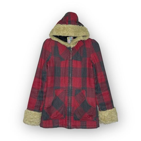 Roxy Red Buffalo Plaid Faux Fur Grunge Goth Emo Y2K Jacket Skate Size Small - Picture 1 of 10